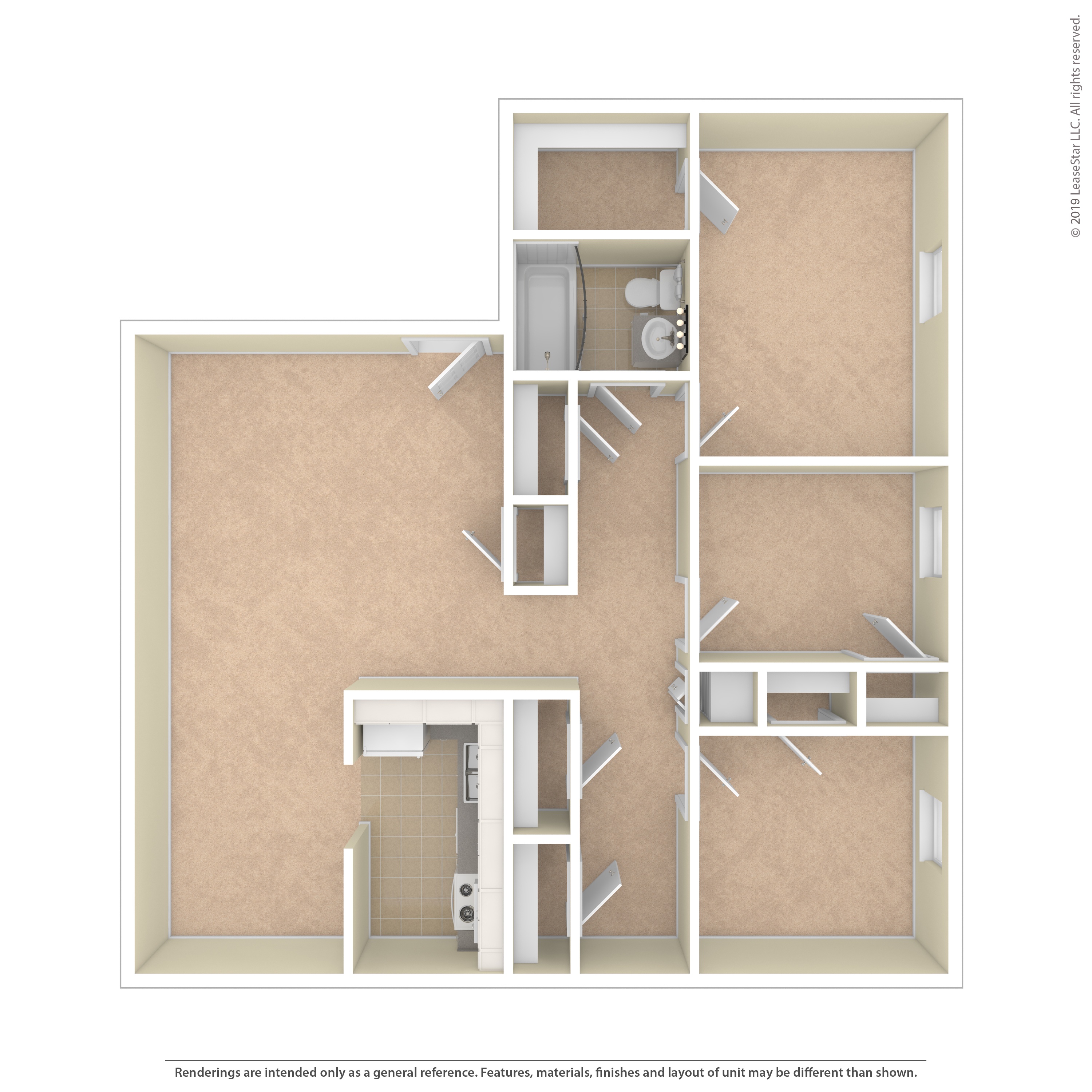 A 3D floor plan of a house with a kitchen